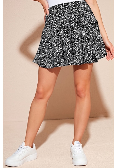 Lela Desenli Beli Lastikli Slim Fit Mini 2'Li Paket Bayan Şort Etek 5864024S2 Siyah-Zebra