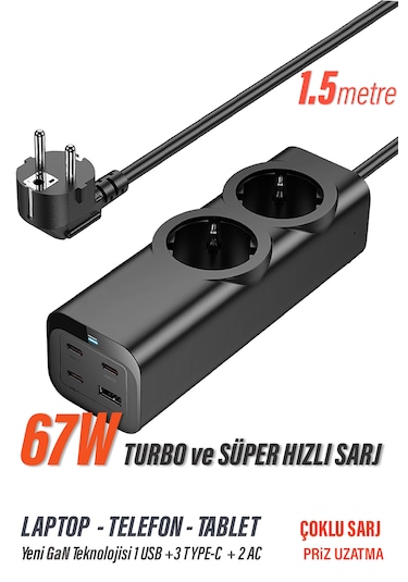 Priz + 45w Süper Hızlı - 67w Turbo Hızlı Priz Çoklayıcı Uzatma Kablosu 1.5 Metre 1,5 m