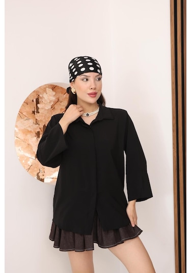 Kadın Slim Fit Dar Kesim Vücuda Oturan Uzun Kollu Siyah Gömlek