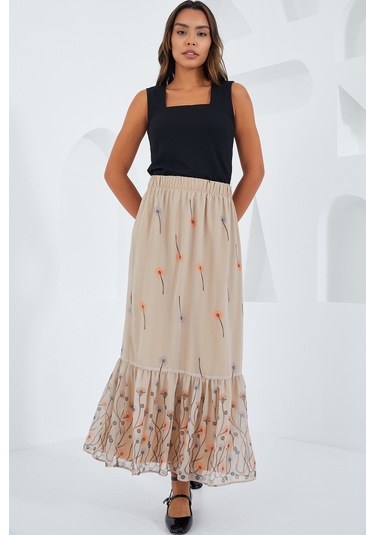 Kadın Krem Desenli Şifon Etek 8010 8010bgd19-033-14945 001
