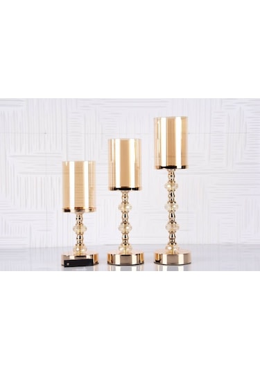 Kristal Taşlı Ayaklı Gold Şamdan 3'lü Set