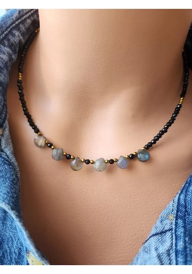 Doğaltaş Labradorit Ve Spinel Taşı Damla Kolye Çok renkli