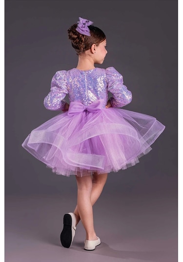 Uzun Kol Balerin Elbise Tütü Etek Pul Payetli Lila