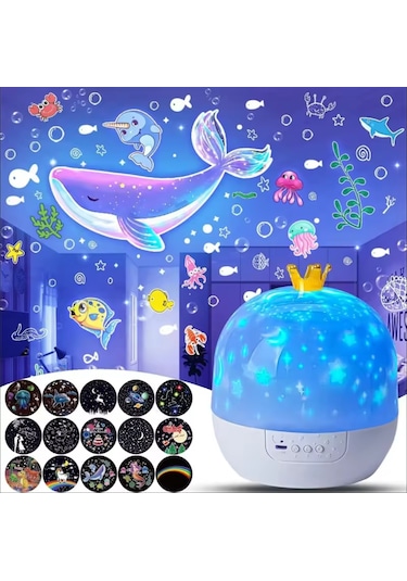 21 Farklı Desen Projektörlü Yansıtmalı Dönen Çocuk Bebek Odası Gece Lambası Çok Renkli