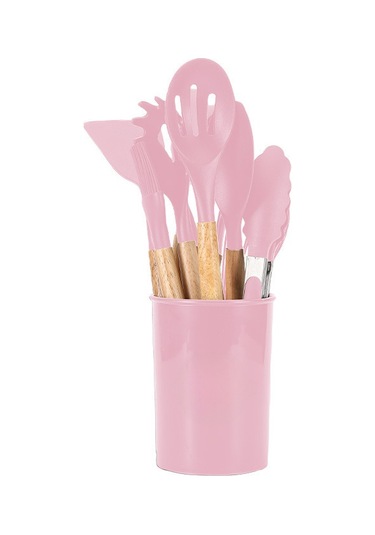 Kangvka Ahşap Saplı Silikon Mutfak Gereçleri 12'li Set - Tencere Uyumlu, Yıkama Kolay, Organize Depolama Kova İle Pembe Diğer