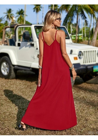 Kadın Askılı V Yakalı Etnik Şerit Detaylı Uzun Viskon Elbise Kırmızı