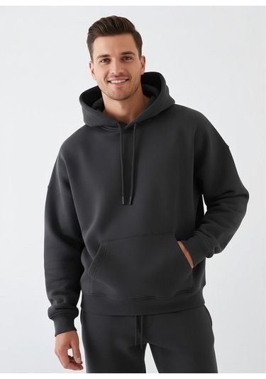 Erkek Gri Oversize Hoodie Sweatshirt Gri