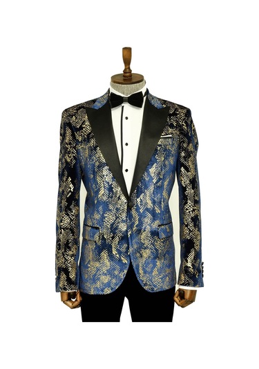Wessi Dik Yaka Slim Fit Altın Desenli Lacivert Erkek Balo Ceket - Wessi Lacivert