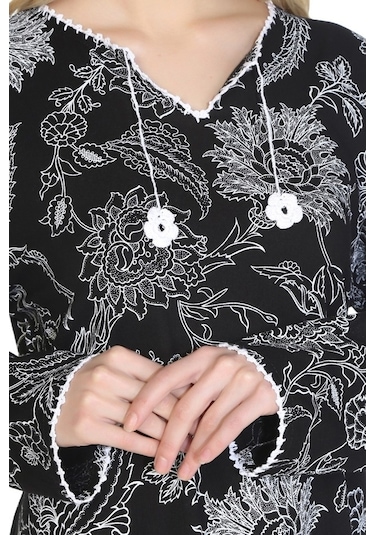 Uzun Kol Şile Bezi Baskılı Uzun Elbise Çınar Desen Siyah