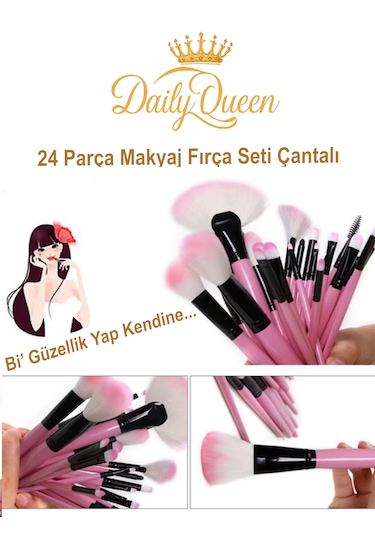 Daily Queen 24 Parça Makyaj Fırça Seti Penbe Deri Çantalı Lüx Ve Kaliteli