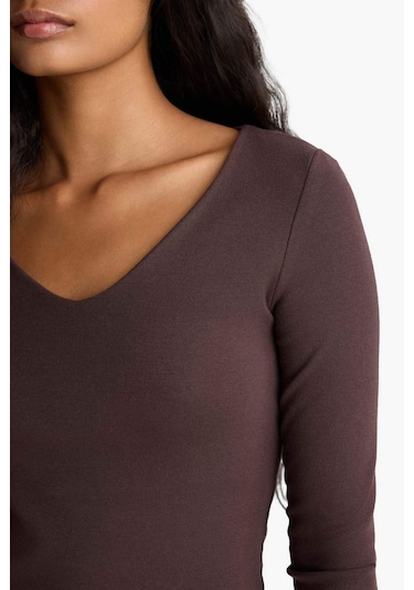 Defacto Slim Fit Dar Kesim Basic Düz Modal Uzun Kollu Tişört F7153ax25aubn340 Kahve