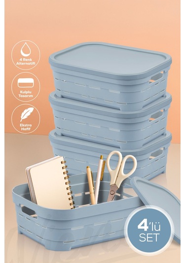 Vienev 4'lü Kapaklı 2,8 Litre Delikli Saklama Kutusu Mavi Mavi