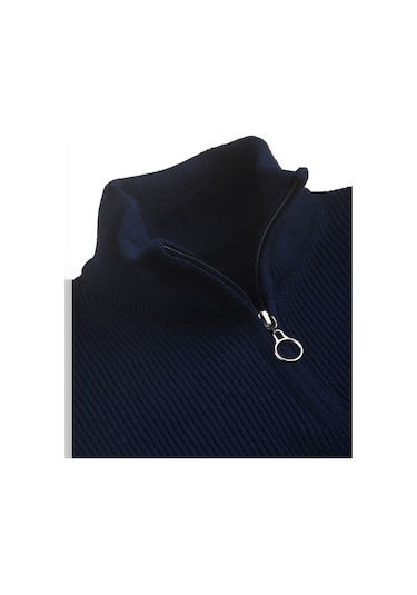 Deepsea Erkek Lacivert Yarım Fermuarlı Oversize Kesim Triko Kazak %100 Pamuk, Yumuşak Dokulu Örgü Kazak 2608511 Lacivert