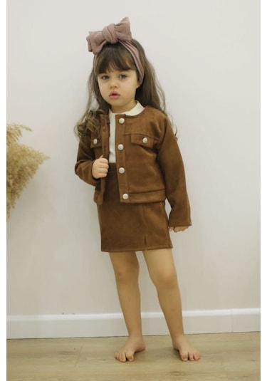 Kız Çocuk Süet Ceket Etek Bady Üç Parça Tarz Takım 001