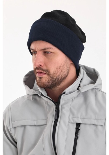 Erkek Siyah Polar Dış, Kahve Pamuklu Iç Kısım, Çift Renk Çift Katmanlı Katlanabilir Yumuşak Bere - Standart / Siyah-lacivert Siyah-lacivert