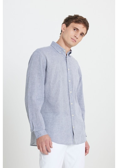 Erkek Grı Comfort Fit Rahat Kesim Düğmeli Yaka Keten Gömlek Gri