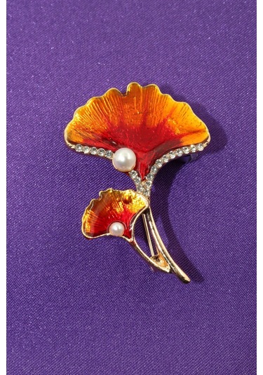 Ginkgo Yaprağı İncili Taşlı Broş. Yaka İğnesi Broş. Kadın Broş. Çiçek Broş. Ginkgo Broş. Gold Broş. Altın - Kırmızı