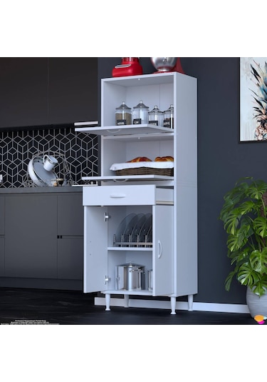 Modilayn Vio 65x163,4x32,5 Cm Yeni Çekmeceli, Kapaklı, Ekmeklikli, Çok Amaçlı Mutfak Dolabı. Beyaz