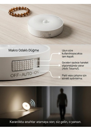 Hareket Sensörlü Yuvarlak Led Aydınlatma & Usb Şarjlı Pratik Gece Lambası 8 Cm Beyaz