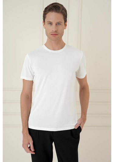 Comfort Fit Bisiklet Yaka Modal Kısa Kol Casual Ekru Tişört Ts 895 Ekru