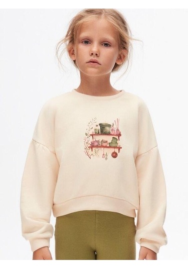 Kız Çocuk Pamuklu İki İplik Önü Baskılı Sweatshirt-14712 KREM