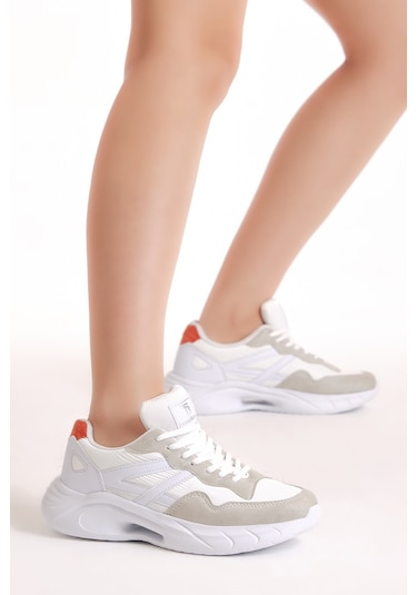 Tonny Black Kadın Beyaz Gri Faylon Taban Şeritli Bağcıklı Spor Ayakkabı Beyaz - Gri