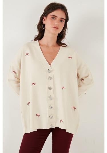 Lela Oversize Fit Desenli V Yaka Triko Bayan Hırka 4616193 Krem-Kırmızı