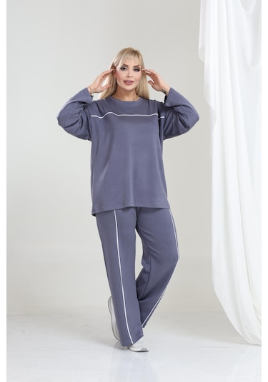 Kadın Büyük Beden Oysho Tarzı Modal Kumaş Uzun Kollu Biyeli Rahat Günlük Takım Gri