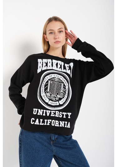 Modagen Kadın Siyah Berkeley Baskılı Bisiklet Yaka Oversize Sweatshirt Siyah