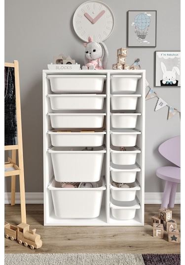 %100 Mdf - Large Duo 14 Sepetli Oyuncak Dolabı Beyaz