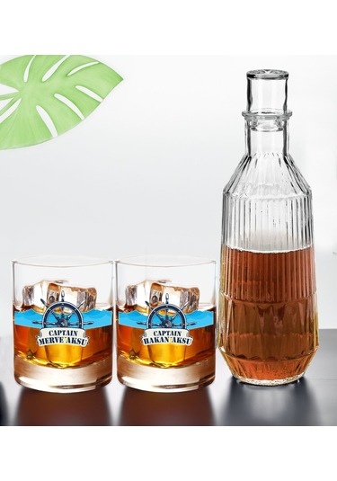 Bk Gift Kişiye Özel İsimli Dtf Kaptan Tasarımlı İkili Viski Kadehi Ve Karaf Seti-4, Arkadaşa Hediye, Sevgiliye Hediye Kobitmeyencom30431 Bk Gift