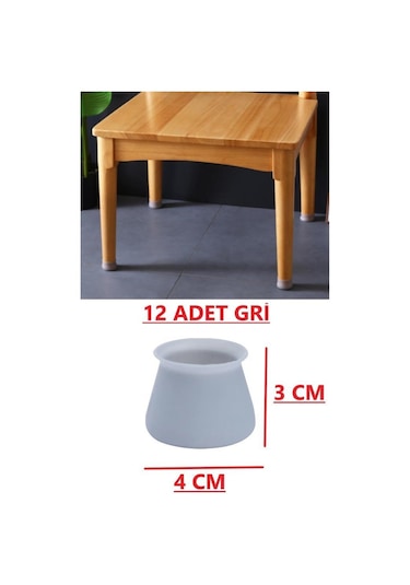 12 Adet Masa Sandalye Ayak Koruyucu Gri Silikon Zemin Koruyucu