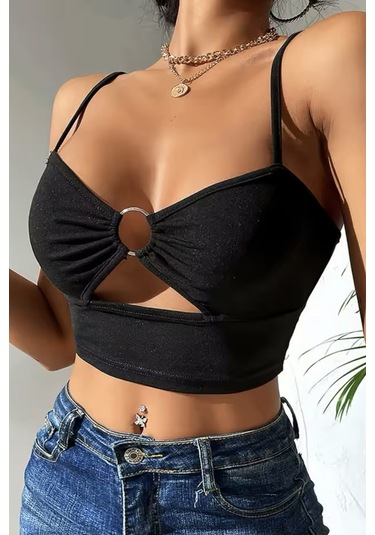 Merry See Aksesuarlı Şık Crop Büstiyer T-shirt Siyah