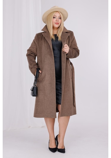 Kadın Kahve Melanj Yün Kaşe Kemer Ve Astar Detay Büyük Beden Kaban Sütlü Kahverengi