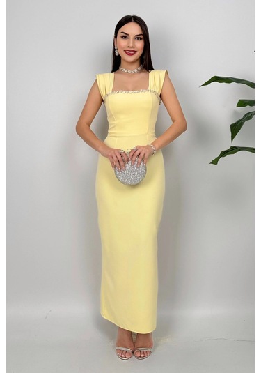 Valentia Madonna Yaka Taş İşlemeli Kalem Sarı Abiye Elbise, Zarif Davet Elbisesi Sarı