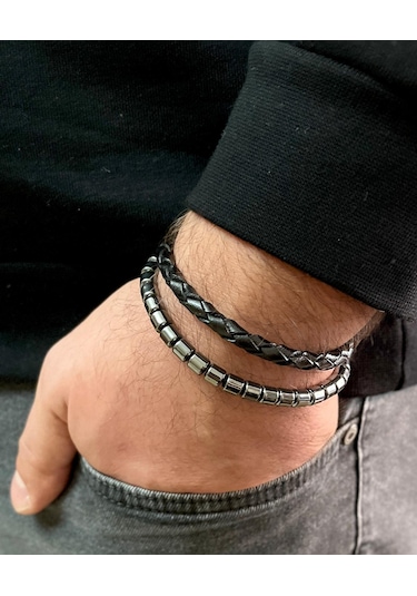 %100 Deri&hematit Kombin Erkek Bileklik Net 23cm Türk El Üretimi Siyah - Gri