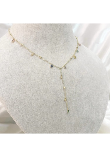 Renkli Taşlı Y Kolye Gold Gold