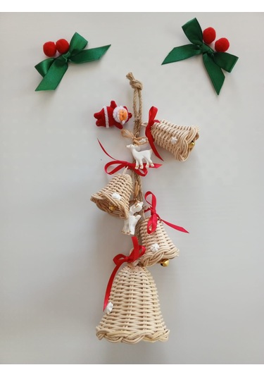 Bambu 4'lü Noel Çanı,geyik Noel Baba Arajmanlı Kapı Duvar Dekoru 33cm
