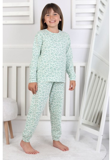 Minik Uyku Avcısı - Vahşi Rahatlık Serisi Leopar Desenli Kız Çocuk Pijama Takımı Mint