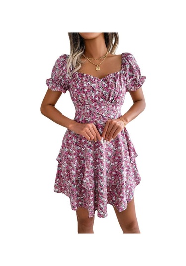 Gmxıa Yaz/ilkbahar Kadın Modası Dar Kesim Kare Yaka Kısa Kollu Elbise Kırmızı