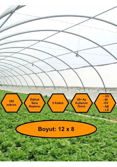 Sera Naylonu, 36 Aylık, 5 Katkılı, 350 Micron 12x8 Şeffaf Sera Örtüsü, Uv Dayanımlı, Ir, Ev, Ab, Ld