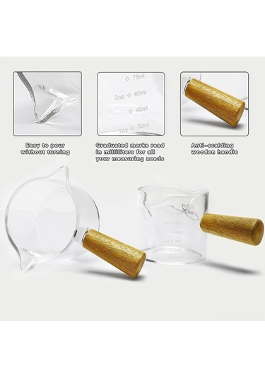 Pazly 2'lik Ahşap Saplı Çift Ağızlı Espresso Ölçüm Bardağı - 75ml Şeffaf, Isı Yalıtımı Şeffaf