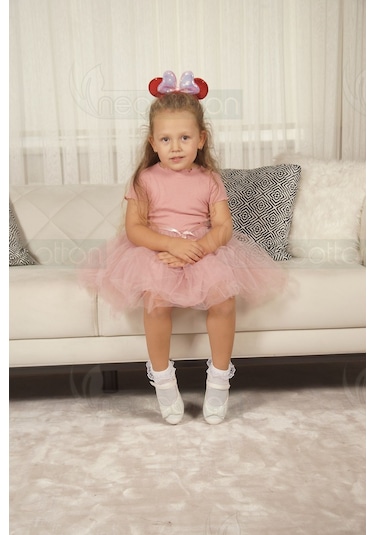 Tüllü Baskısız Düz Üst Kısım Ribana Alt Kısım Astarlı Tütü Etek Kız Çocuk Prenses Kısa Kollu Elbise Gülkurusu