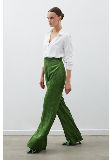 Sateen Jakarlı Salaş Pantolon - Yeşil