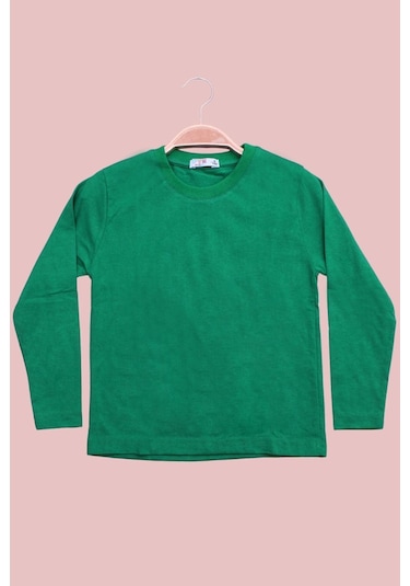 Düz 0 Yaka Uzun Kol Unisex Çocuk Yeşil Sweatshirt Yeşil