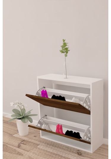 Moonlife 2 Kapaklı Kayar Raflı Ayakkabılık Ceviz