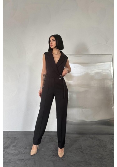 Modasize Siyah Sıfır Kol Atlas Tulum Siyah