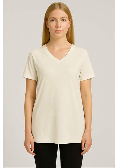 Axxel Kadın Krem Kısa Kollu Pamuklu Oversize Rahat Kesim T-shirt-d804-k