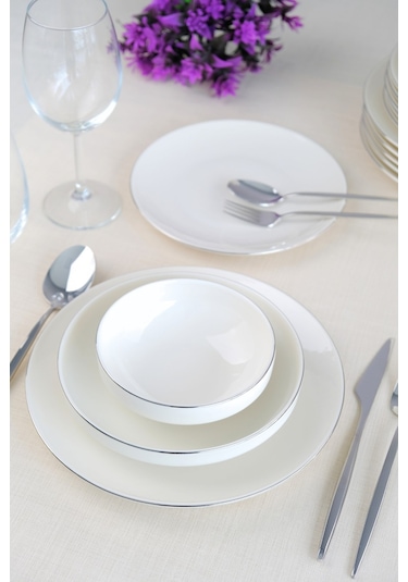 Tabak Evi Sofia Platin Porselen Yemek Takımı 24 Parça 6 Kişilik Beyaz - Gümüş
