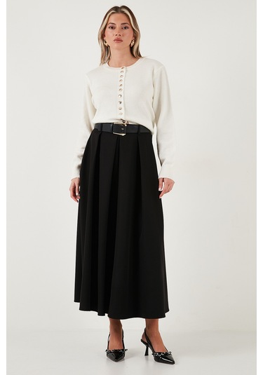 Lela Modest Kemerli Comfort Fit Yüksek Bel Pileli Kloş Uzun Tesettür Bayan Etek 6833360 Siyah